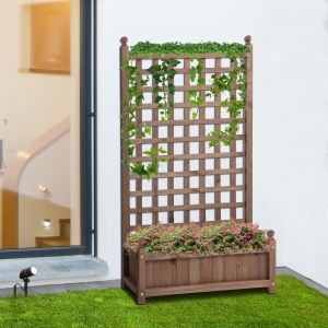 Outsunny Raised Garden Bed with Trellis for Climbing Vines, Wood Garden Planter Box, Free Standing Flower Pot, Indoor & Outdoor Display Rack