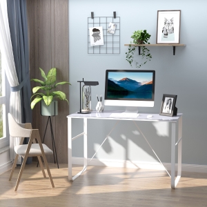 HOMCOM Glass Top Writing Desk Working Station Home Office Table Gaming Desk Metal Frame Easy Assembly, White