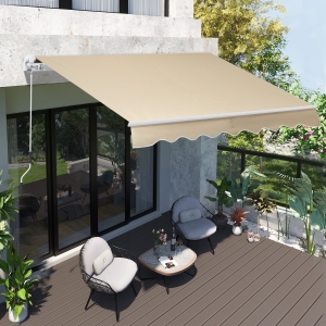 Outsunny 8’x7’ Manual Retractable Waterproof Sun Shade Patio Awning Outdoor Deck Canopy Shelter (Cream White)