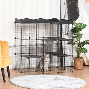 PawHut Pet Playpen DIY Small Animal Cage Fence with Door Ramp Accessories Indoor Outdoor for Kitten Pet Mink Black