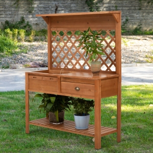 Outsunny 47'' x 17'' x 59'' Wooden Garden Potting Table with Shelf Drawer Plant Work Bench Workstation Outdoor Nature Wood Color