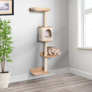 PawHut Cat Tree Pet Wall-mounted Climbing Frame Shelf Kitten Perch Activity Center Condo Bed Scratching Post Light Brown