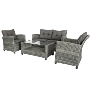 Outsunny 4 Pieces Patio Furniture Sets Rattan Wicker Chair w/ Table Outdoor Conversation Set with Cushion for Backyard Porch Garden Poolside and Deck, Grey