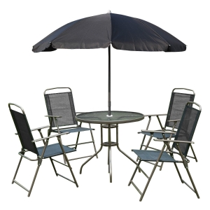 Outsunny 6 Piece Patio Dining Set for 4 with Umbrella, 4 Folding Dining Chairs & Round Glass Table for Garden, Backyard and Poolside, Black