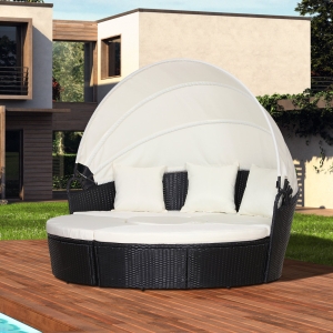 Outsunny 5 Piece Cushioned Outdoor Plastic Rattan Round Sofa Bed Coffee Table Set Black
