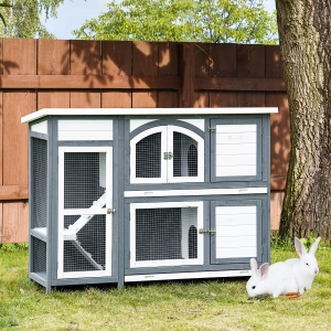 PawHut 57" Rabbit Hutch, 2 Tier Bunny Cage, Guinea Pig Cage, Bunny Run, Indoor Outdoor Small Animal House with Slide-out Tray, Ramp