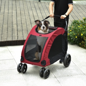 PawHut Pet Stroller Universal Wheel Jogging Stroller w/ Storage Basket Ventilated Foldable Oxford Fabric for Medium or Large Size Dogs Red