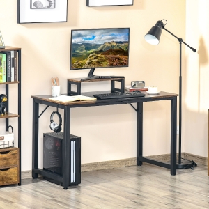 HOMCOM Industrial Style Computer Desk, Home Office Writing Desk, PC Laptop Workstation with Raised Monitor Stand, Side Hook, Adjutable Feet, Rustic Brown and Black