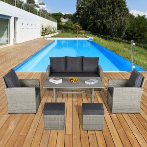 Outsunny 6 PCS Outdoor Patio Dining Table Sets All Weather PE Rattan Sofa Chair Furniture set Indoor Outdoor Backyard Garden with Cushions & Plastic Wood Table Top Grey