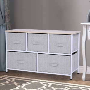 HOMCOM Linen Drawer Cabinet Organizer Storage Dresser Tower with 5 Removable Drawer Metal Frame Adjustable Feet for Living Room, Kitchen, Bathroom