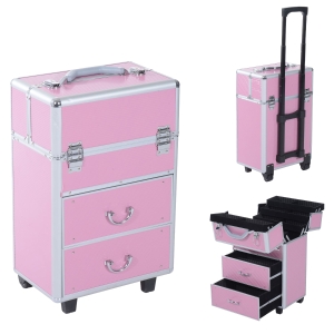 Soozier 4 Tier Lockable Cosmetic Makeup Train Case with Extendable Trays - Pink