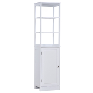 kleankin Tall Bathroom Storage Cabinet, Freestanding Linen Tower with 3-Tier Open Shelf and Cupboard, Slim Floor Organizer, White