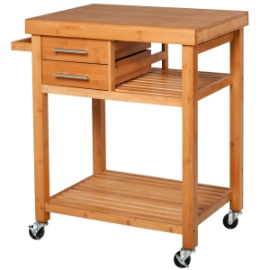 HomCom Bamboo Rolling Kitchen Island Trolley Utility Cart with Rolling Wheels, 2 Storage Drawers & Adjustable Shelving