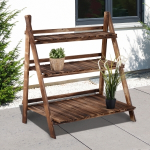 Outsunny 3-Tier Wood Plant Stand Shelf Foldable Garden Flower Display Rack Home Yard Storage Unit Indoor Outdoor Step Style Plant Holder