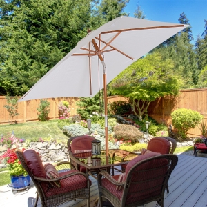 Outsunny 6.6x5ft Wooden Patio Umbrella Market Parasol Tilt Mechanism 6 Ribs Garden Cream White