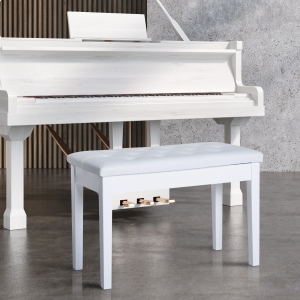 HOMCOM Faux Leather Padded Double / Duet Piano Bench w/ Music Storage - White