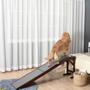 PawHut Pet Ramp Bed Steps for Dogs Cats Non-slip Carpet Top Platform Pine Wood 69.75"L x 16"W x 25"H Brown Grey