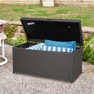 Outsunny Outdoor Plastic Rattan Storage Basket Large Capacity Stool Garden Rectangle Box
