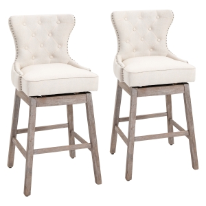 HOMCOM Upholstered Fabric Bar Height Bar Stools Set of 2, 180° Swivel Nailhead-Trim Pub Chairs, 30" Seat Height with Rubber Wood Legs, Cream White