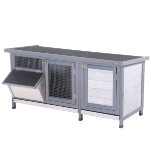 PawHut 44" L Wooden Outdoor Bunny Rabbit Hutch with 2 Large Customizable Outside Run Areas and a Cozy Main House Feeding Trough - Grey