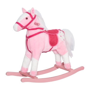 Qaba Kids Plush Interactive Rocking Horse Pony Toy with Realistic Sounds plush wooden animal rockers- Pink