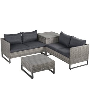 Outsunny 4 PCs Rattan Wicker Sofa Set Outdoor Conservatory Furniture w/ Side Storage Box
