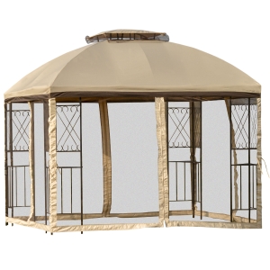 Outsunny 10' x 10' Outdoor Patio Gazebo Canopy with Double Tier Roof, Removable Mesh Curtains, Display Shelves, Beige