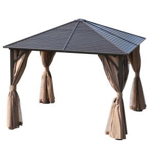 Outsunny 10x10 Hardtop Gazebo with Aluminum Frame, Permanent Metal Roof Gazebo Canopy with Curtains and Netting for Garden, Patio, Backyard, Brown, Light Brown