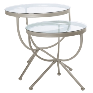 Monarch 2 Piece Contemporary Round Tempered Glass Top Metal Frame Accent Nesting End Table Set - Satin Silver Finish