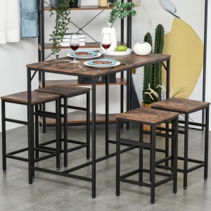 HOMCOM Industrial Rectangular Bar Table Set with 4 Stools for Dining Room, Kitchen, Dinette, Black, Rustic Brown