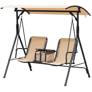 Outsunny 2 Person Covered Porch Swing with Pivot Storage Table, Cup Holder & Sling Fabric with Adjustable Comfort - Beige