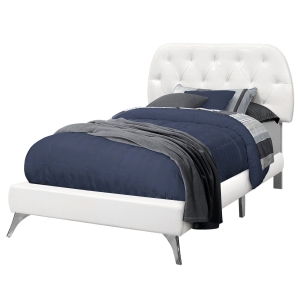 Monarch Twin Size Contemporary Upholstered Bed Frame with Padded Diamond Tufted Headboard and Chrome Legs - White Leather Look