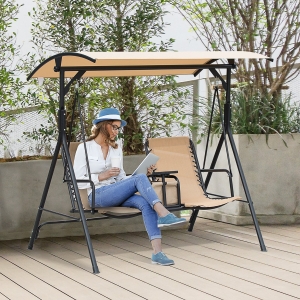 Outsunny 2 Person Covered Porch Swing with Pivot Storage Table, Cup Holder, & Adjustable Overhead Canopy, Beige