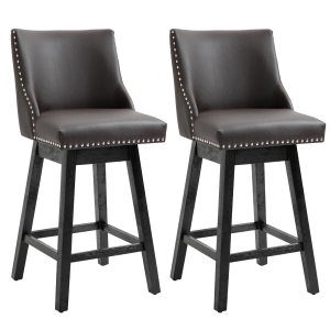 HOMCOM 28" PU Leather Swivel Bar Height Nailhead Barstool Dining Chairs Set, Brown
