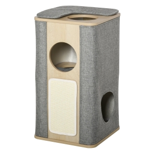 PawHut Wooden Cat Condo 3 Story Barrel Tower w/ Perch Removable Cover Cushions Sisal Scratching Carpet - Grey