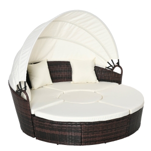 Outsunny 5 Piece Cushioned Outdoor Plastic Rattan Round Sofa Bed Coffee Table Set, Beige