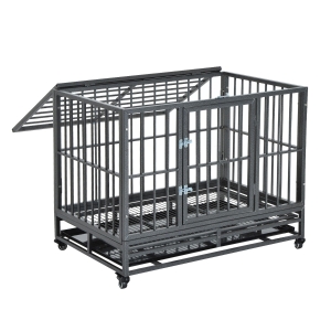 PawHut 36" Heavy Duty Steel Dog Crate Kennel with Wheels - Grey Vein
