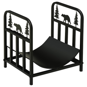 Outsunny 17" Curved Firewood Rack Holder with Bear and Pine Tree Design, Log Storage Rack with Handles and 110 lbs. Weight Capacity, Black