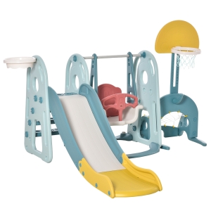 Qaba 5-in-1 Kids Slide and Swing Set with Basketball Hoop, Soccer Goal, Ring Toss Game, Water-fillable Base Toddler Playset Activity Center Indoor/Outdoor Toy