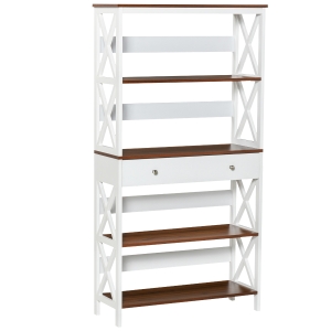HOMCOM 4-Tier Shelving Bookcase Storage Cupboard with Pull Out Drawer, and Wooden Frame with X Bar Stability - White