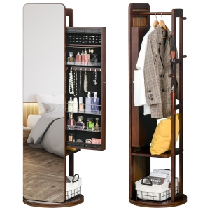 HOMCOM Full Length Glass Mirror with Hidden Jewelry Cabinet and Pine Wood Clothing Rack, Coffee Brown