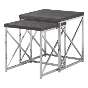 Monarch Contemporary 2 Piece Wood Grain-Look Top Chrome Metal Frame Accent Side Nesting Table Set - Grey Finish