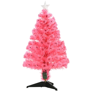 HOMCOM 3ft Tall Pre-Lit Douglas Fir Artificial Christmas Tree with Realistic Branches, 90 Multi-Color LED Lights, Fiber Optics, and 90 Tips, Pink