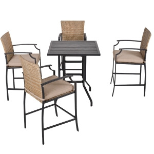 Outsunny 5 PCs Rattan Wicker Bar Table Chair Set, 4 Bar Chairs and 1 Wood Grain Top Bar Table, Mixed Brown