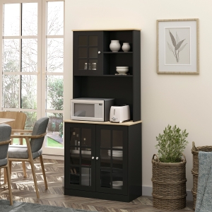 HOMCOM Kitchen Buffet with Hutch, Storage Pantry with 3 Cabinets, 2 Open Shelves and Large Countertop, Black