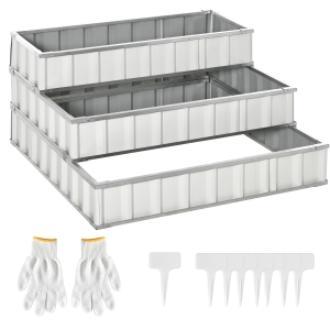Outsunny 3 Tier Raised Garden Bed, Metal Elevated Planter Box w/ Gloves, Easy Assembly