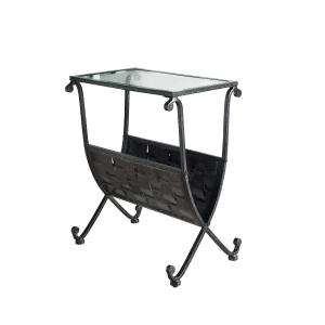 Monarch 22" Traditional Style Weaved Metal Pattern Tempered Glass Top Side Accent End Table with Magazine Rack - Mixed Black / Taupe Finish
