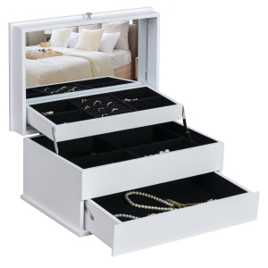 HOMCOM 3-Tier Jewelry Box Organizer with Glass Mirror and 6 Slots for Beauty Accessories, Costume Jewelry - White