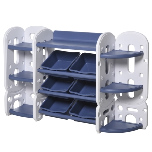Qaba Childrens Toy Storage & Bin Organizer with 3 Separate Shelving Sections, 7 Shelves, & 6 Removeable Bins - Blue