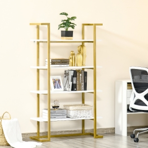 HOMCOM 4-Tier Golden Stylish Storage Steel Wooden Shelf with a Robust Multi-Functional Design, Tall Organizer Multifunctional Rack for Living Room, Bedroom, Kitchen, Gold